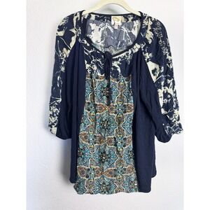 Fig & Flower Boho Blouse‎ 2X Mixed Print Peasant Top Tie Neck Flowy Rayon